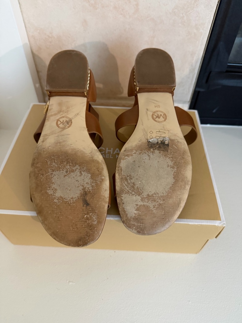 Michael Kors Sabrina Brown Leather Strappy Sandals with Gold Chain Accent - Picture 10 of 10